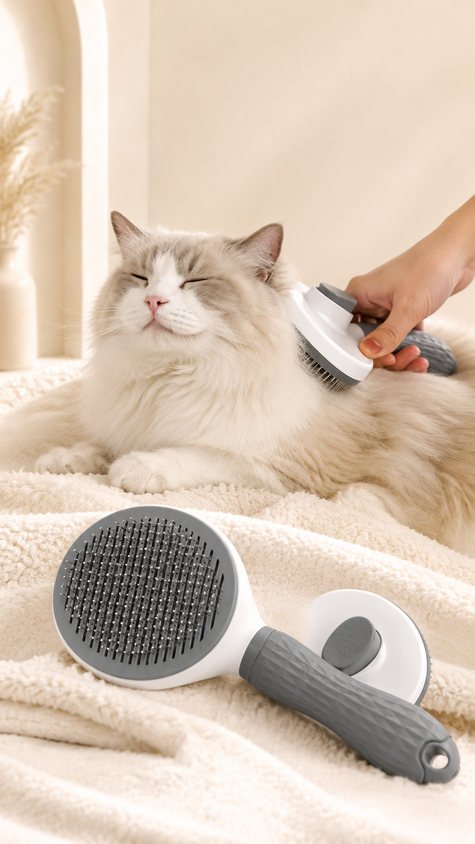 Gato de pelo largo siendo cepillado suavemente con el cepillo OMNIA