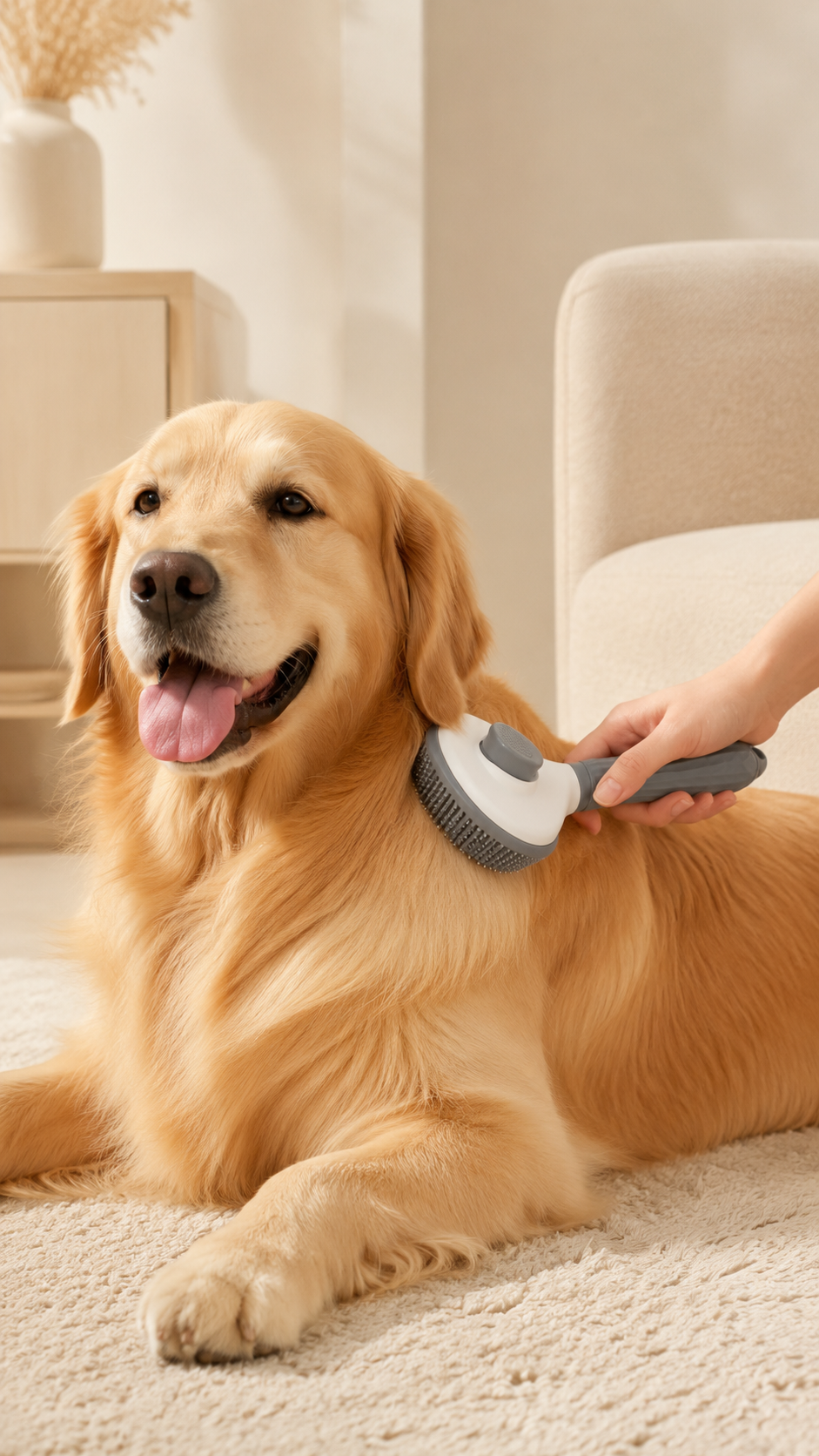 Golden retriever siendo cepillado con el cepillo autolimpiable OMNIA