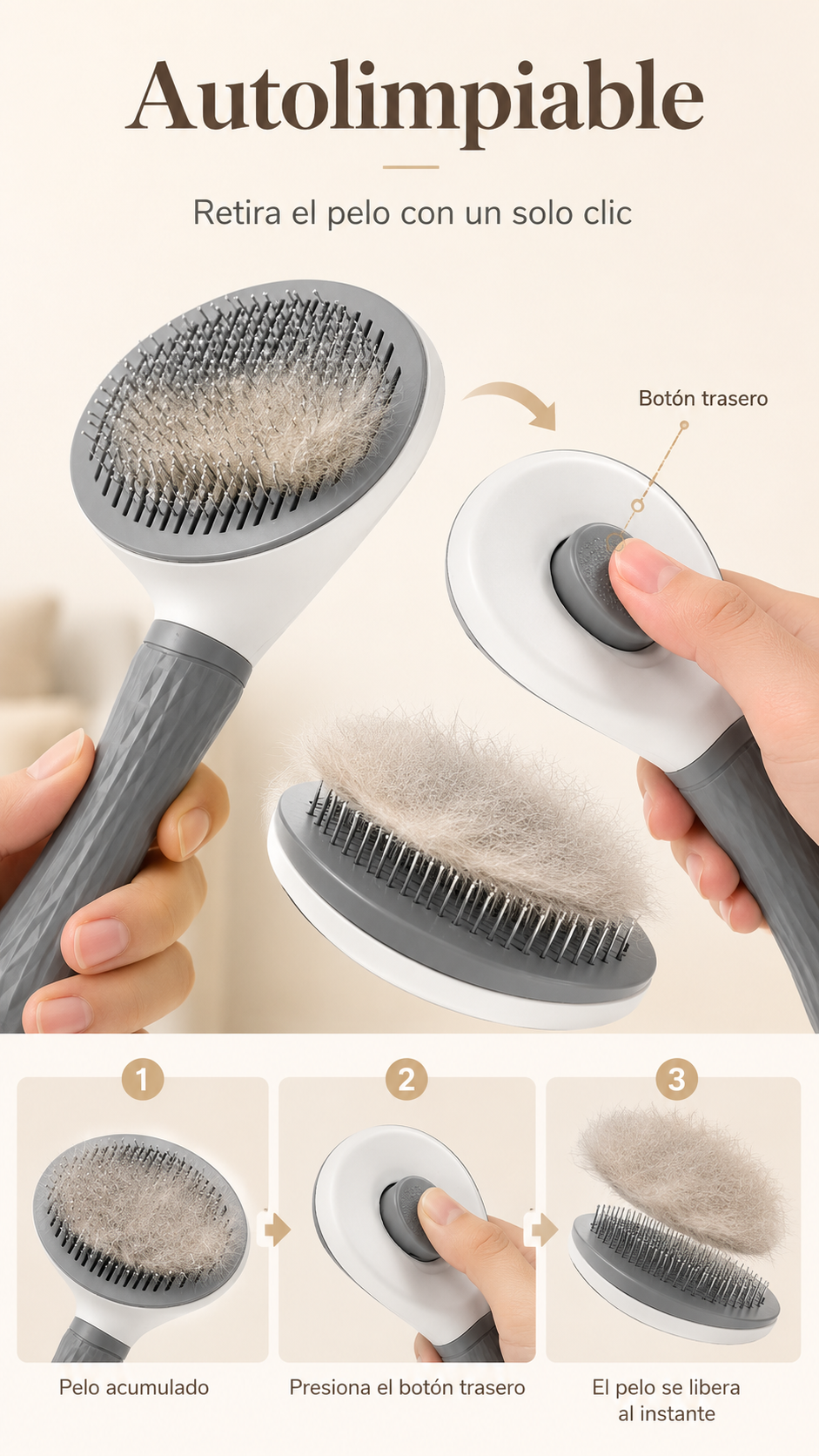 Sistema autolimpiable del cepillo OMNIA para liberar el pelo con un clic