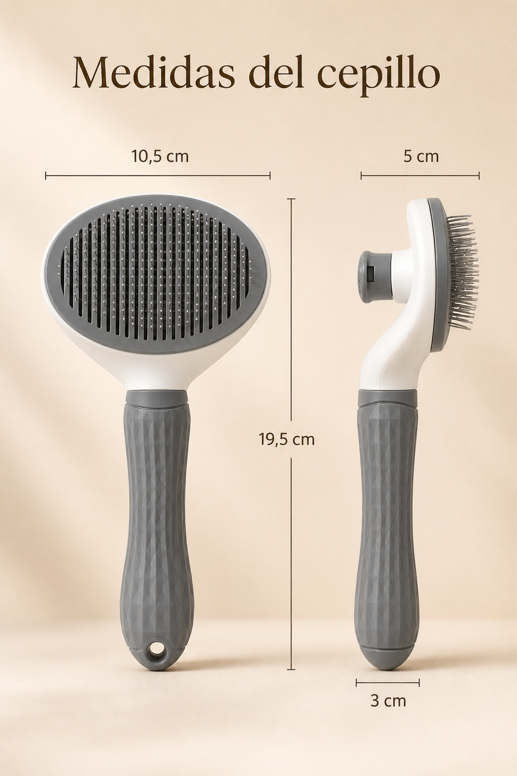 Medidas del cepillo autolimpiable OMNIA: 19,5 × 10,5 × 5 cm y mango de 3 cm