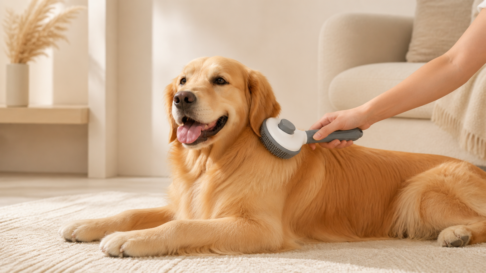 Perro golden retriever siendo cepillado con el cepillo autolimpiable OMNIA